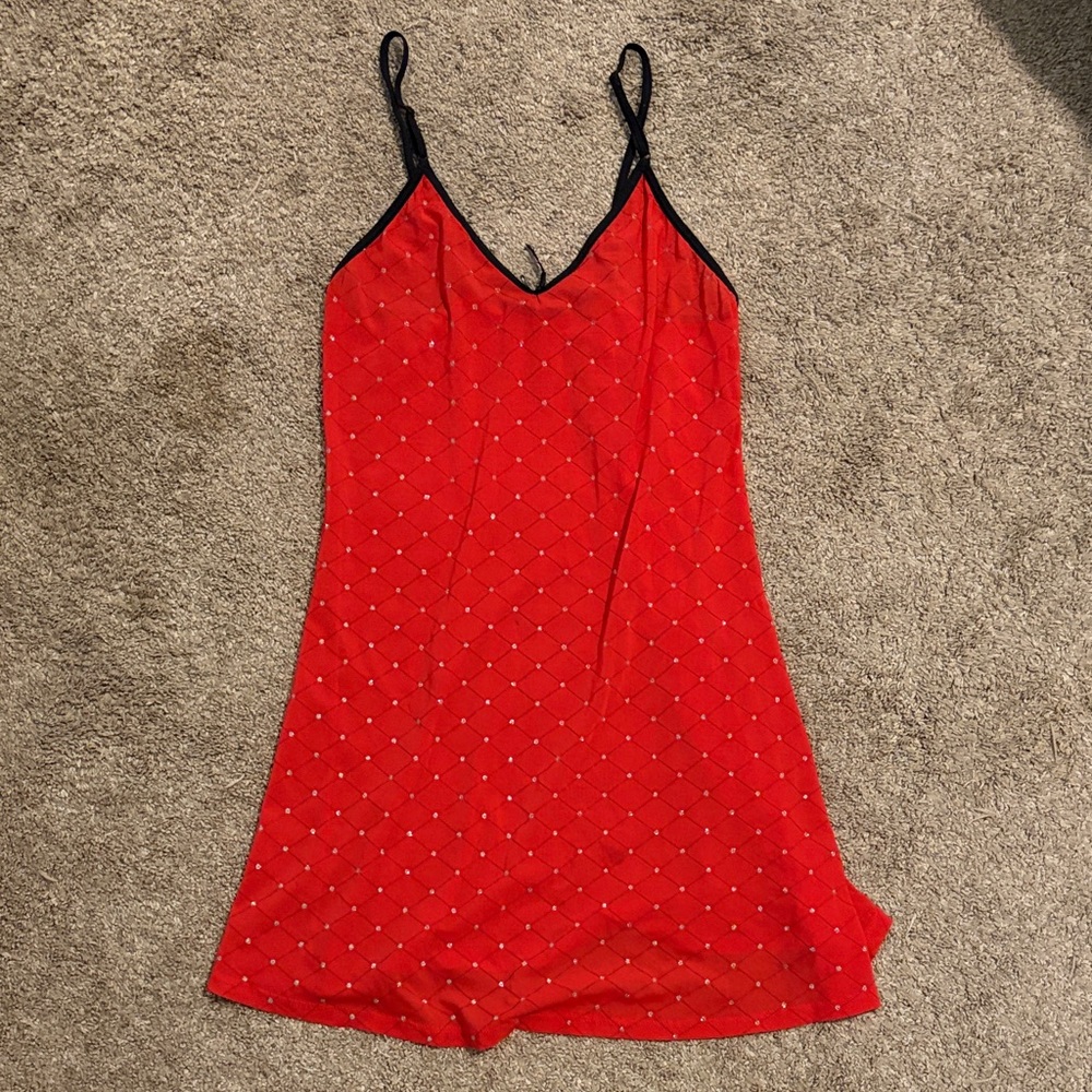 Red Slip Dress with Black Trim and Rhinestone Grid